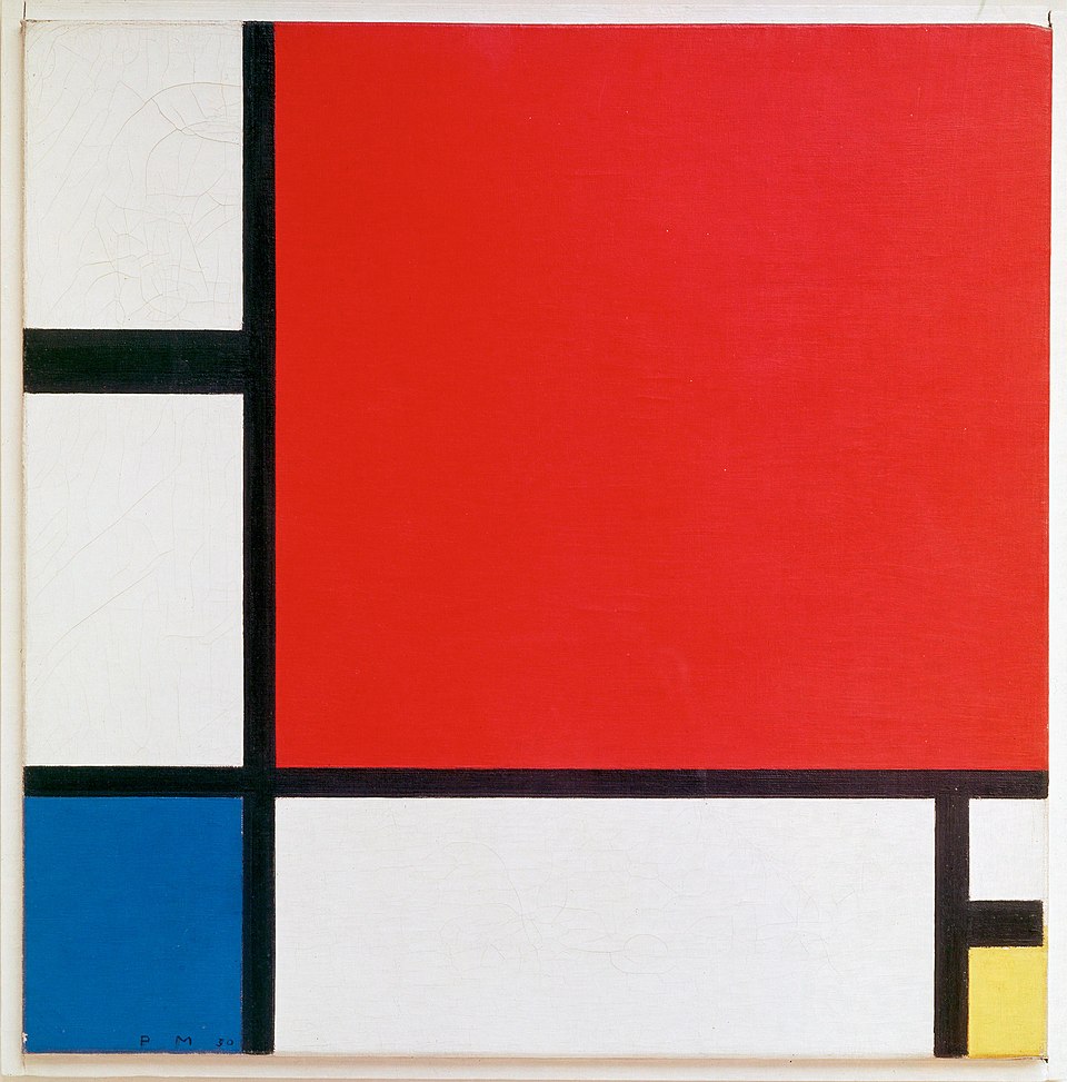 A geometric abstract painting featuring a composition of rectangles and lines. The canvas is predominantly divided into blocks of colour. A large red square occupies the top right portion of the painting, bordered by thick black lines. Below, to the left, is a smaller blue square. Adjacent to the blue block are two white rectangles. In the bottom right corner, a small yellow rectangle. The composition is defined by straight, intersecting black lines that partition the canvas into distinct sections.
